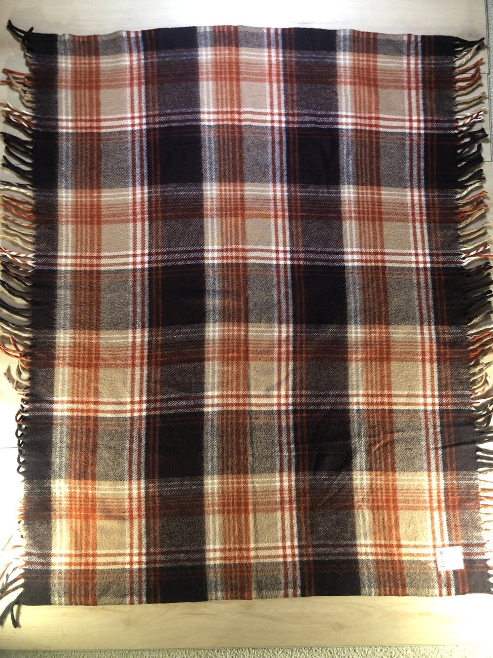 Faribo Vintage Plaid Fringe Blanket Wrap Orange Brown Cabin 43x52 70s [0008]
